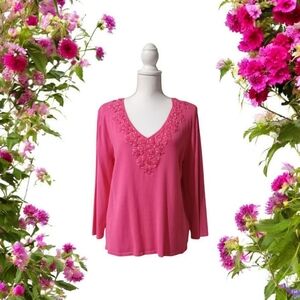 Ruby Rd Pink Ruffled‎ V-Neck Sweater SIZE XL NWT PULLOVER